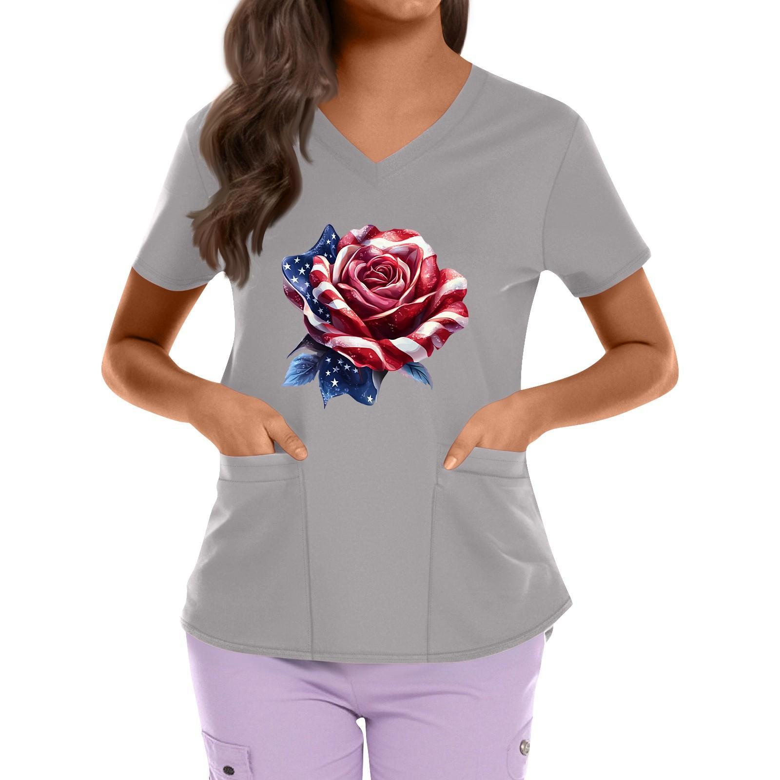 

Plus Size Printed Scrub Working Uniform Tops For Women s Cross V Neck Independence Day Print Short Sleeve Fun T-Shirts Workwear Tee With Pockets M