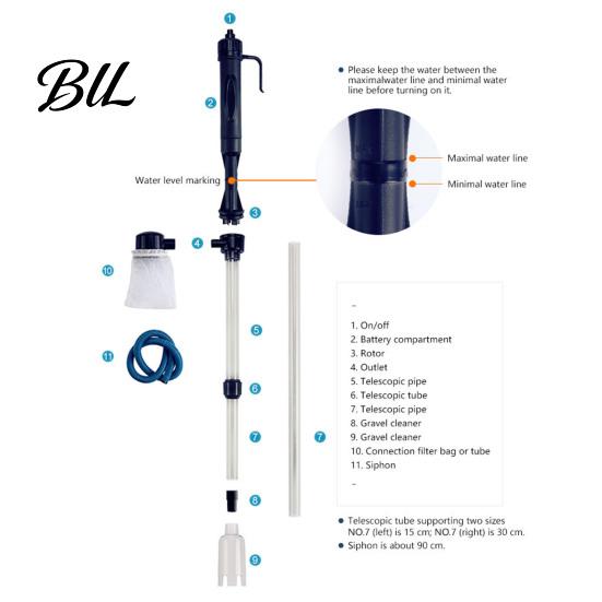 Multi-functional Aquarium Tool Electric Gravel Cleaner, Cordless Fish Tank Vacuum with Adjustable Length, Portable Suction Water Filter Cleaner