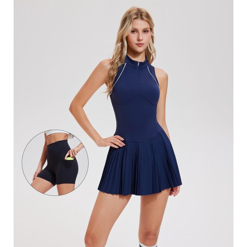 Sports Tennis Dress Half-zipper Matching Interior Village Anti-exposure Running Fitness Standing Collar Sleeveless Short Skirt XXL темно-синий