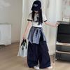 Korean Style Girls' Cartoon T-shirt & Cargo Plaid Bloomers Set - Trendy Summer Outfit