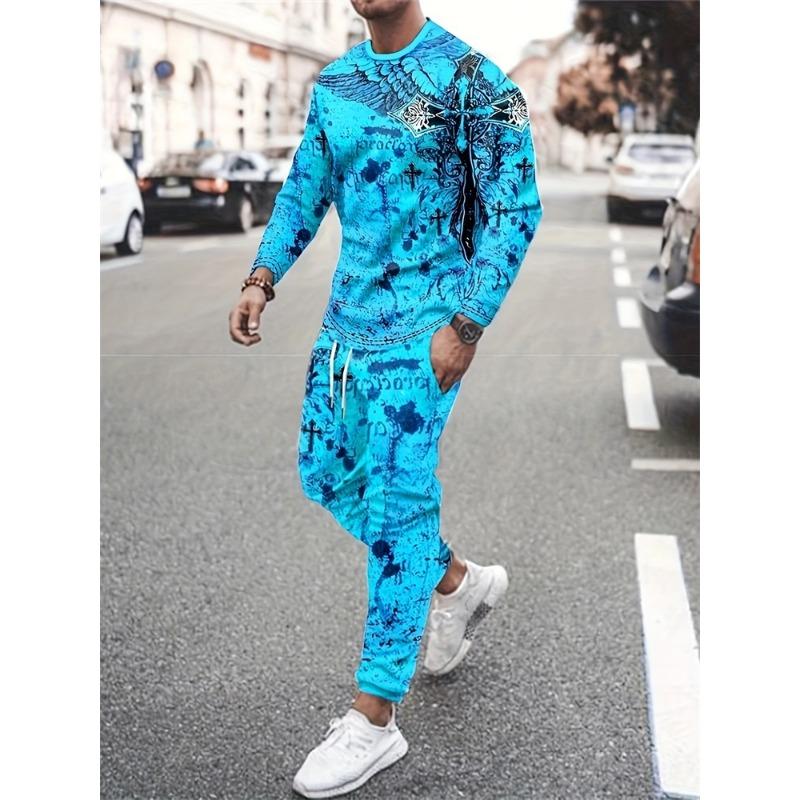 Men's Fashion Graffiti Novelty Pajamas Loungewear Set Autumn Men's Daily Casual Long-sleeved T-shirt Street Fashion Pants