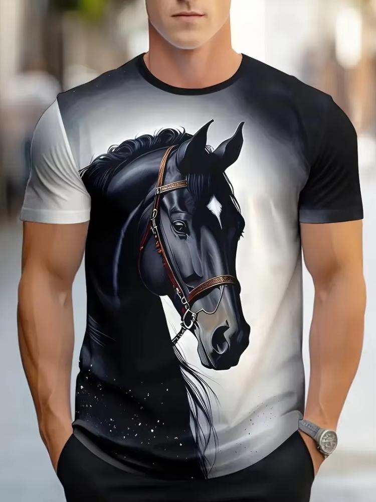 Vintage 3D T-Shirts for Men Horse Print Casual Crew Neck Graphic T-Shirt Tops Street Harajuku Short Sleeve Tee Men Clothing