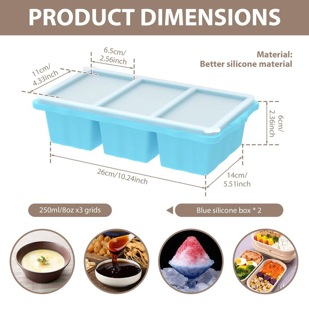 2Pcs 3 Grid Silicone Freezer Tray Food Freezer Container with Lid Soup Reusable Sauce Cube Mold Kitchen Accessories 1 Cup/250 ml