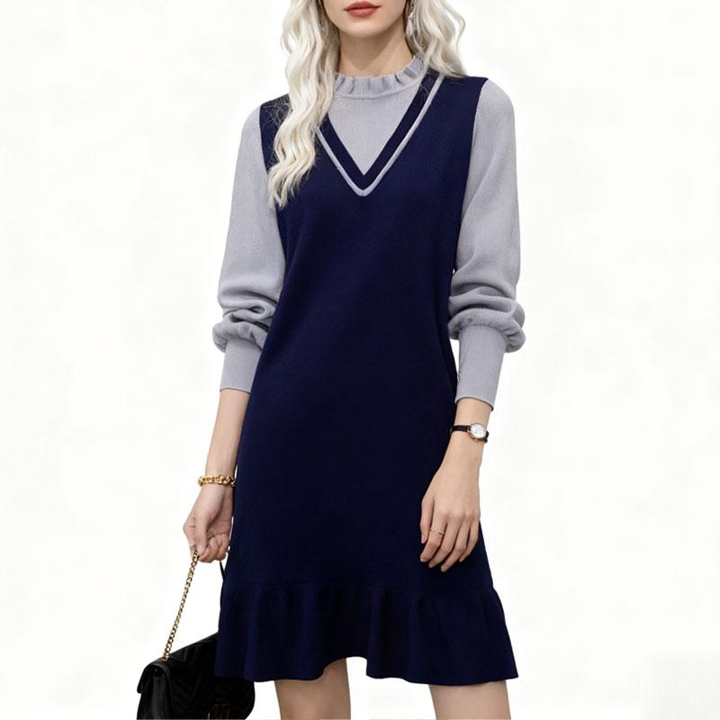 

Женское вязаное платье Винтажная мода Пэчворк Круглый вырез Длинный рукав А-силуэт Платье-свитер Осенняя одежда L синий