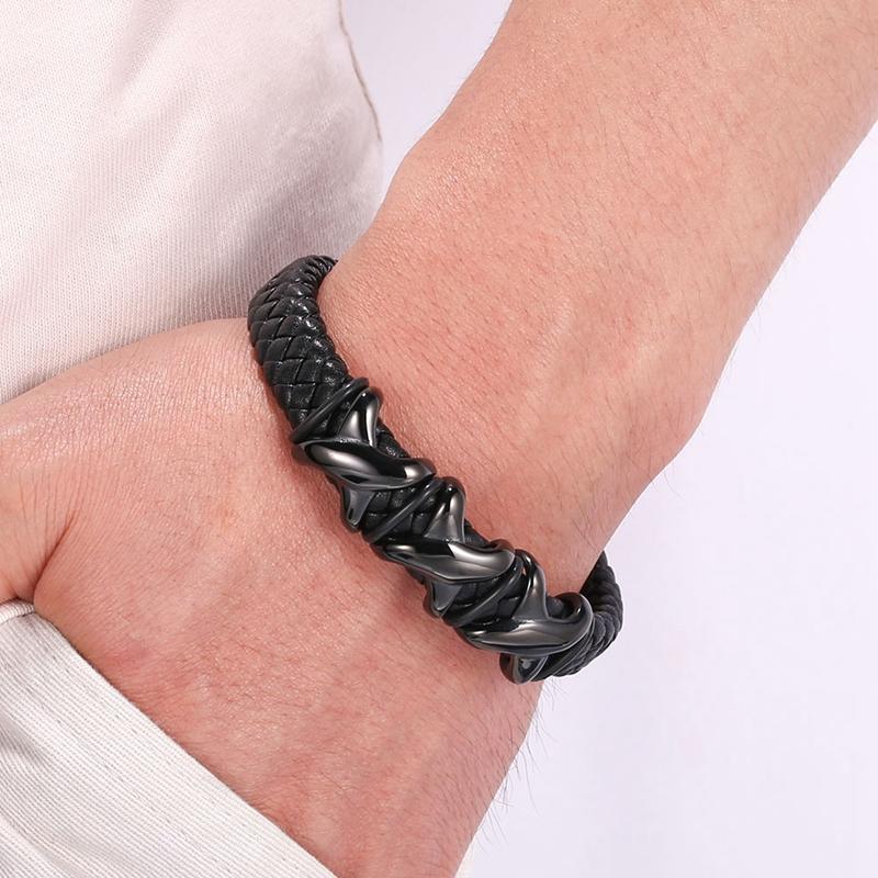 Men's Fashion Black Woven Leather Inlaid Cross Hidden Safety Buckle Business Casual Gift Men Bracelet BB1331