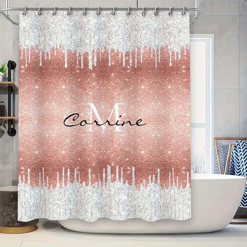 

Блестящая шторка для душа цвета розового золота с персонализированным именем для декора ванной комнаты. Белый глиттер с принтом. Доступен набор с ковриком для ванной на заказ. о 90x180cm