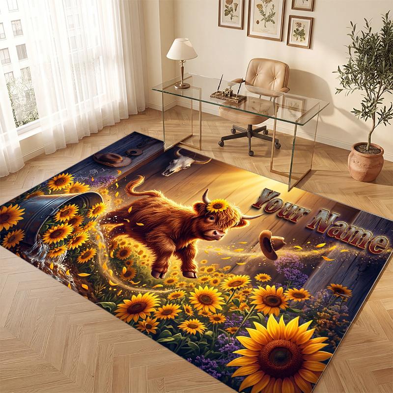 Highland Cow Theme Soft Crystal Velvet Rug Custom Name & Text Print Non Slip Floor Rug for Bedroom Living Room