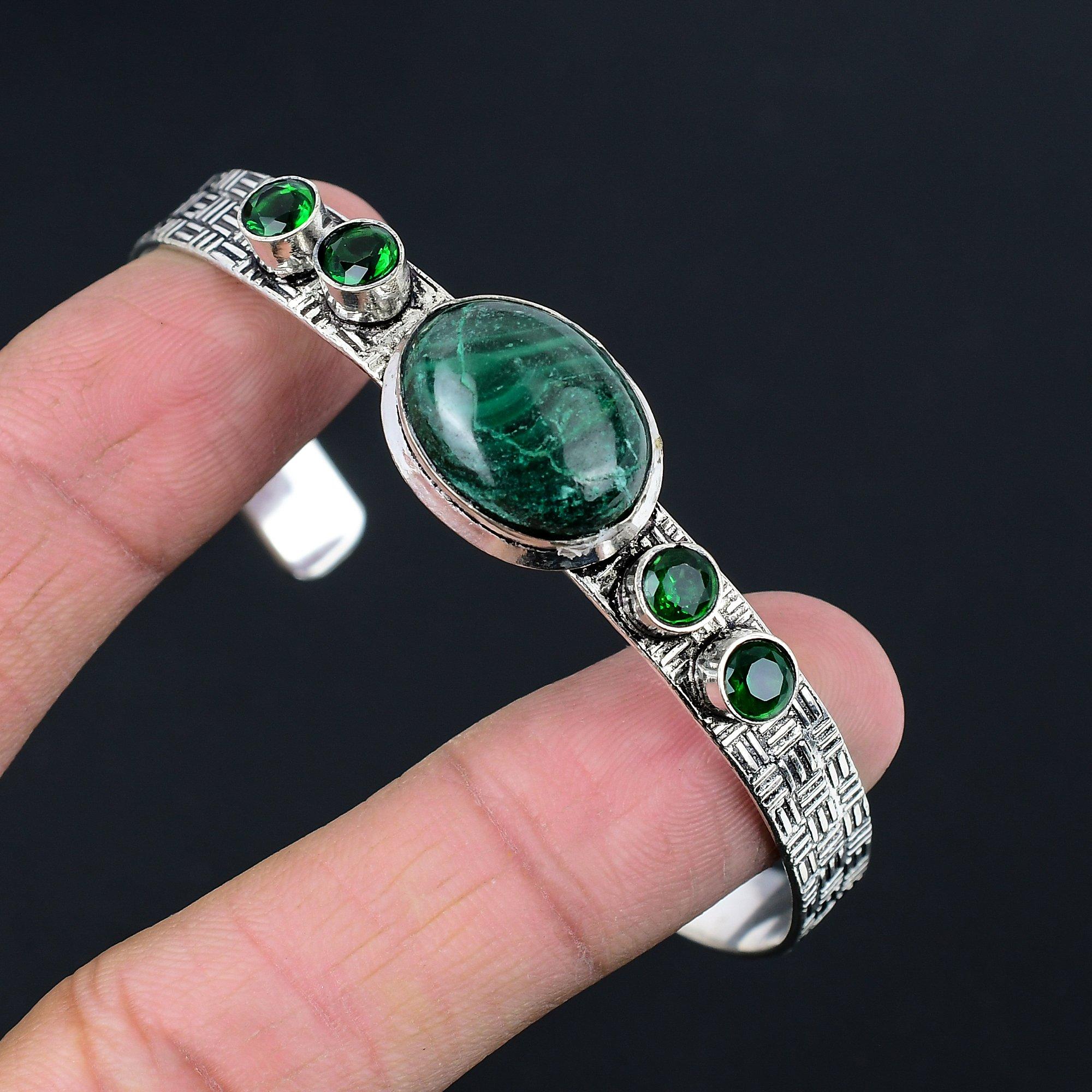 

925 Sterling Silver Oval Malachite Gemstone Chrome Diopside Boho Bangle Jewelry Adjustable
