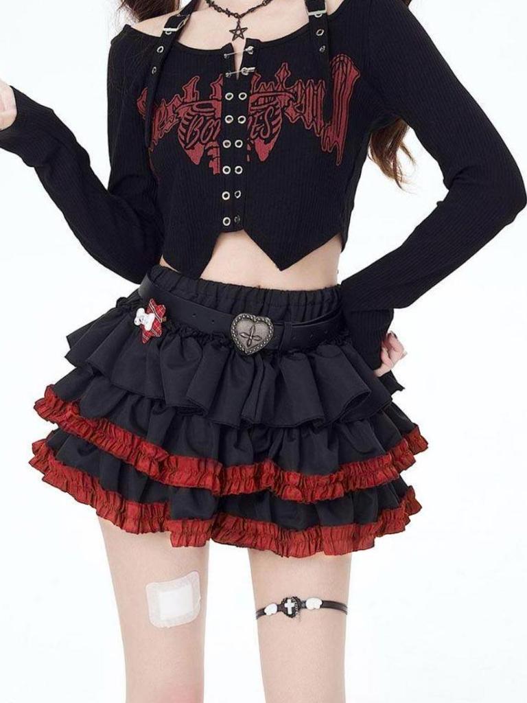 Women's Mini Pleated Skirt with Shorts Y2K Punk Gothic Style Cake Skirt Black Elastic Waist Summer Clothing Streetwear