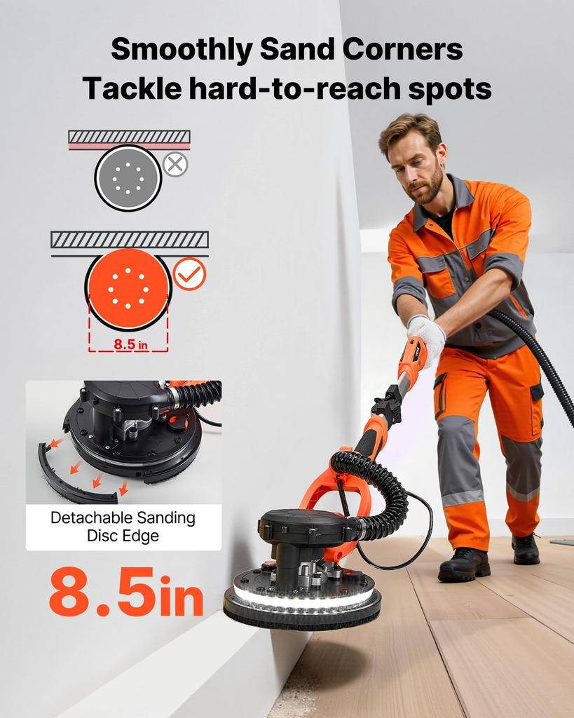 Drywall Sander, 1150W Electric Drywall Sander, Popcorn Ceiling Removal Tool with Vacuum Dust Collection, 5 Variable Speed 800-1700 RPM, LED Light,