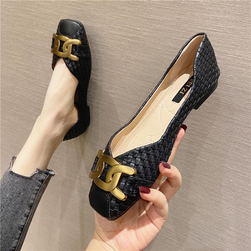Fashion Women's Single Shoes 2025 New Shallow Metal Buckle Large Size Flat Shoes Square Toe Work Shoes Woven Pattern Shoes