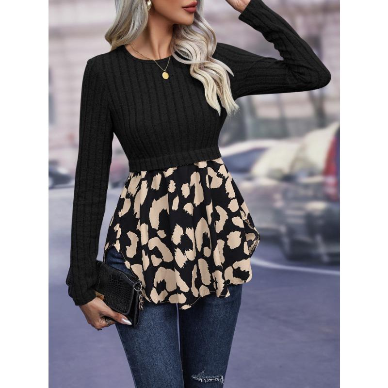

Женская футболка с длинным рукавом и круглым вырезом в стиле пэчворк с леопардовым принтом, повседневная трикотажная футболка в стиле пэчворк XL чёрный