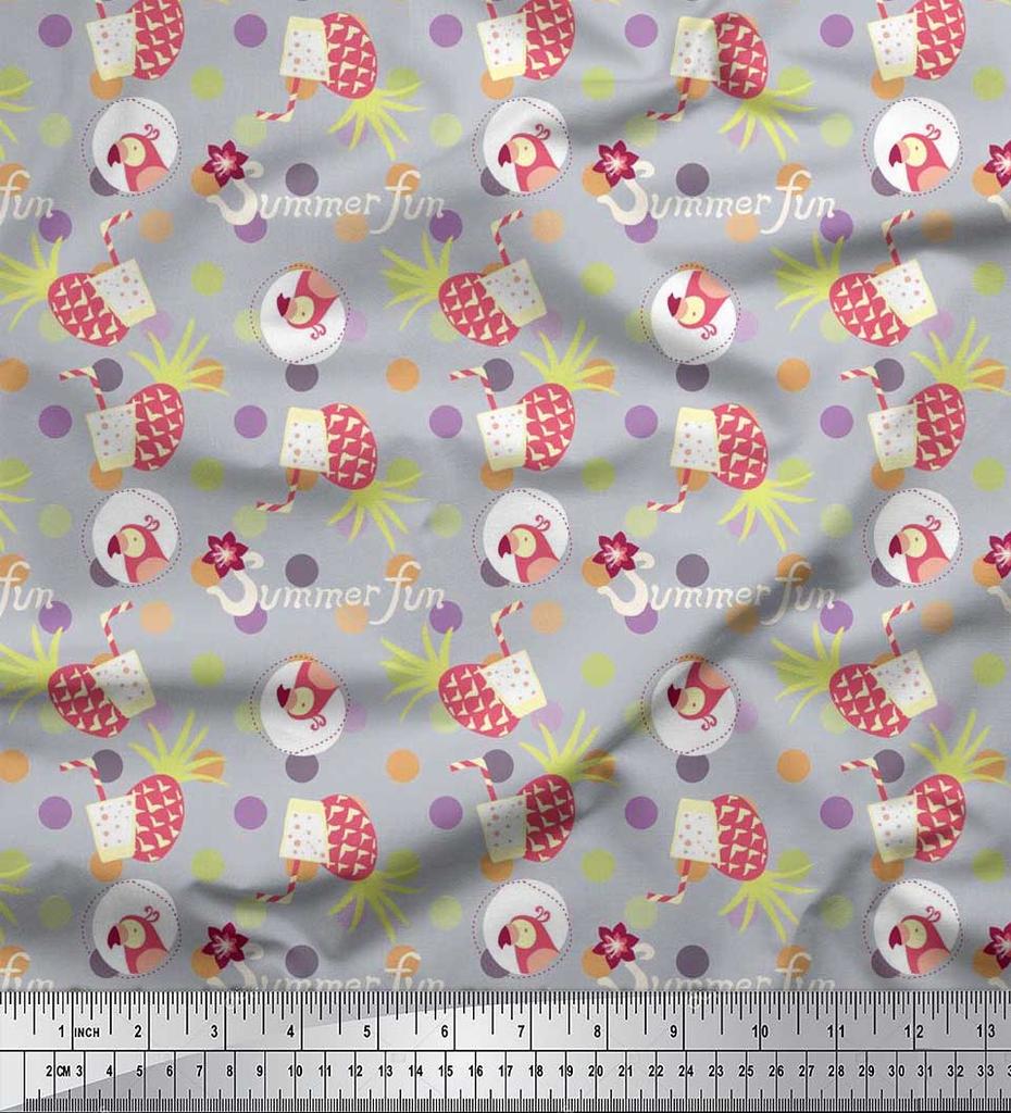 Soimoi Japan Crepe Satin Fabric Dot,Parrot & PineJuice Summer Designs Fabric Prints By Metre 42 Inch