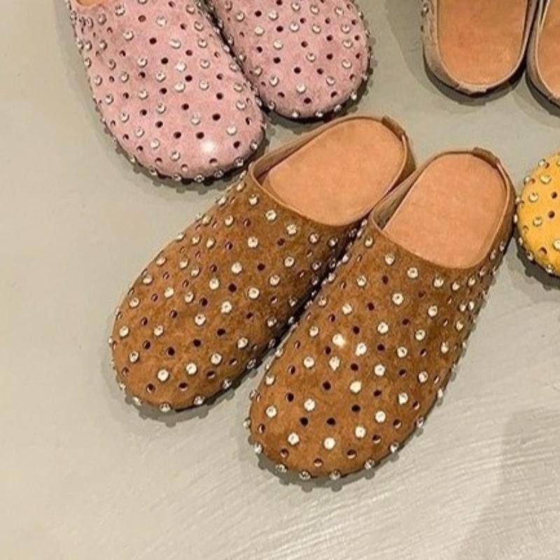 Rhinestone Hollow Baotou Spring Slippers Women's Outside Breathable New Round Head Foot Slip Fashion Flat Bottom Half Support
