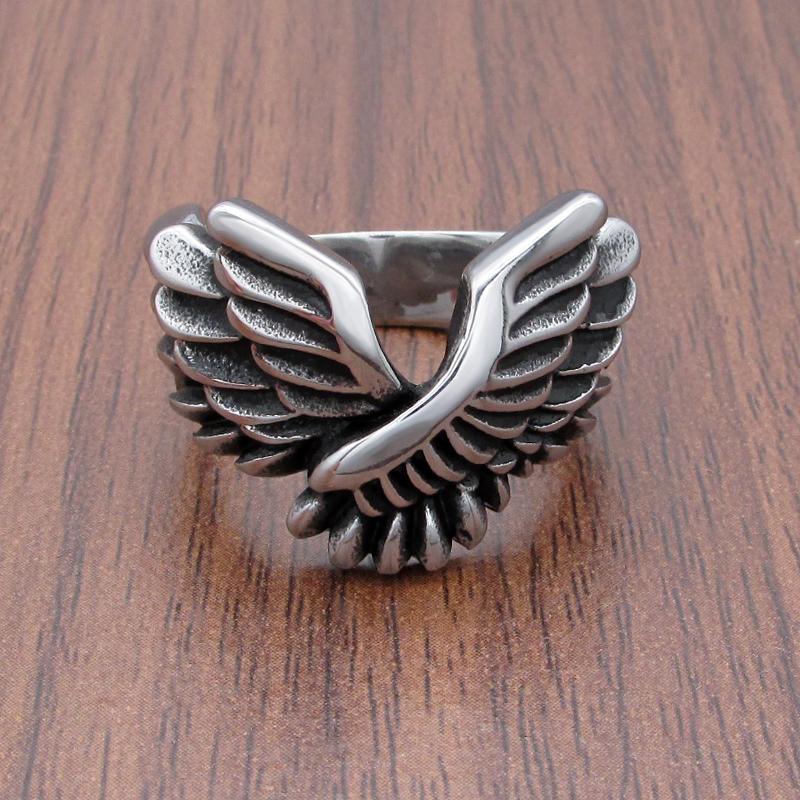 Punk 316L Stainless Steel Gothic Angel Wings Ring Silver Hip Hop Jewelry For Men Boyfriend Gift Fashion Accessory