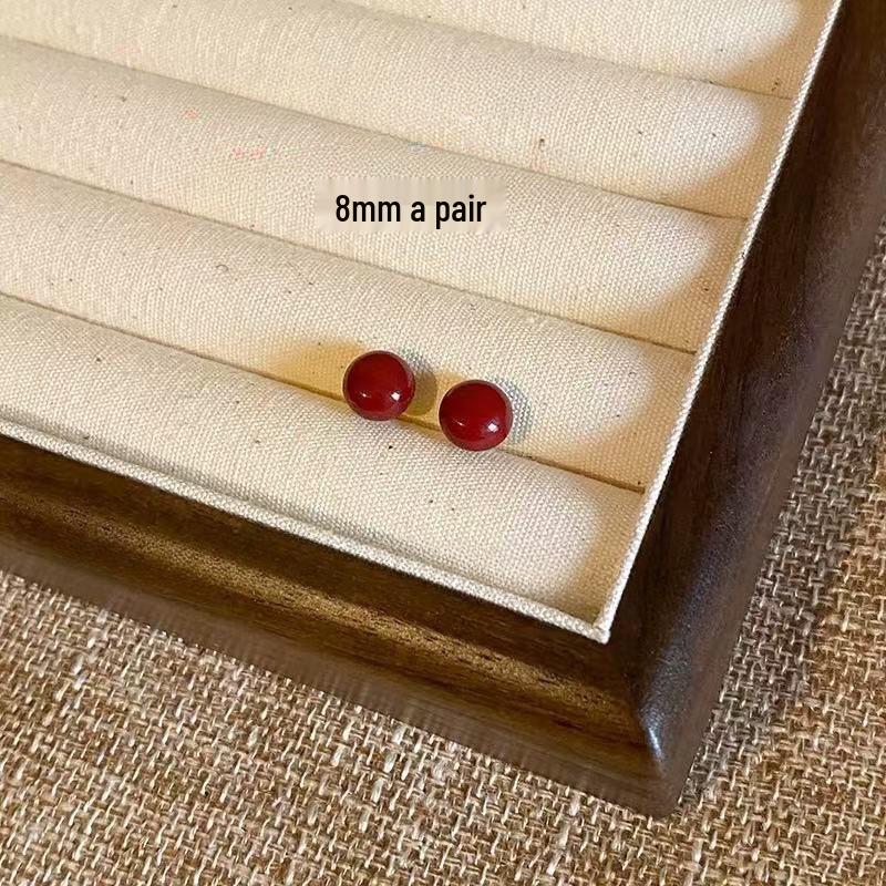 S925 Sterling Silver Red Mantou Pearl Stud Earrings - Retro Hong Kong Style, Elegant, High-End Fashion Accessories for Women