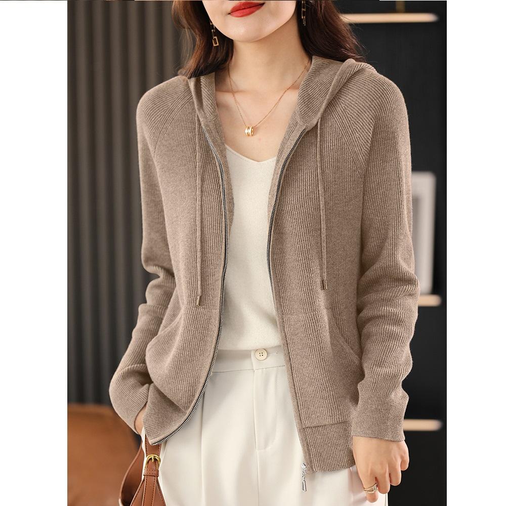 Fall and Winter Ladies's Hooded Knitted Cardigan Ladies's Fall Casual Zipper Sweater Jacket Loose Top