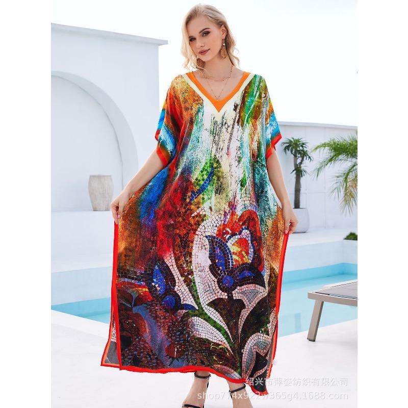 Blouse de plage coton humain imprimé ample robe de vacances bikini protection solaire chemise maillot de bain veste châle