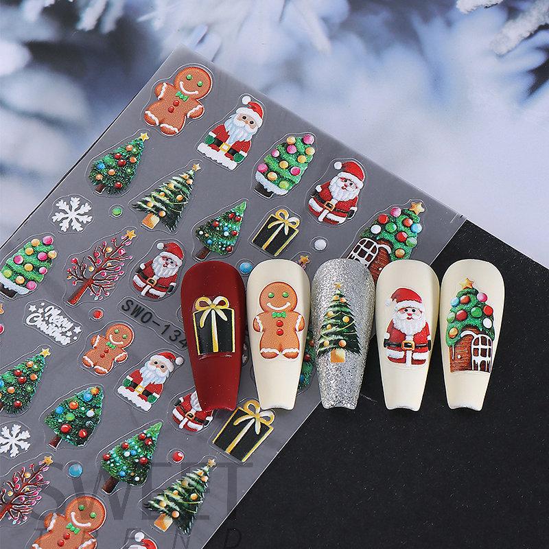 1 Τεμάχιο 5D Άνθρωπος Πιπερόριζας Χιονονιφάδα Αυτοκόλλητα Νυχιών Χριστουγεννιάτικο Πεύκο Κέικ Αυτοκόλλητο Νυχιών Χειμερινά Προμήθειες DIY Μανικιούρ
