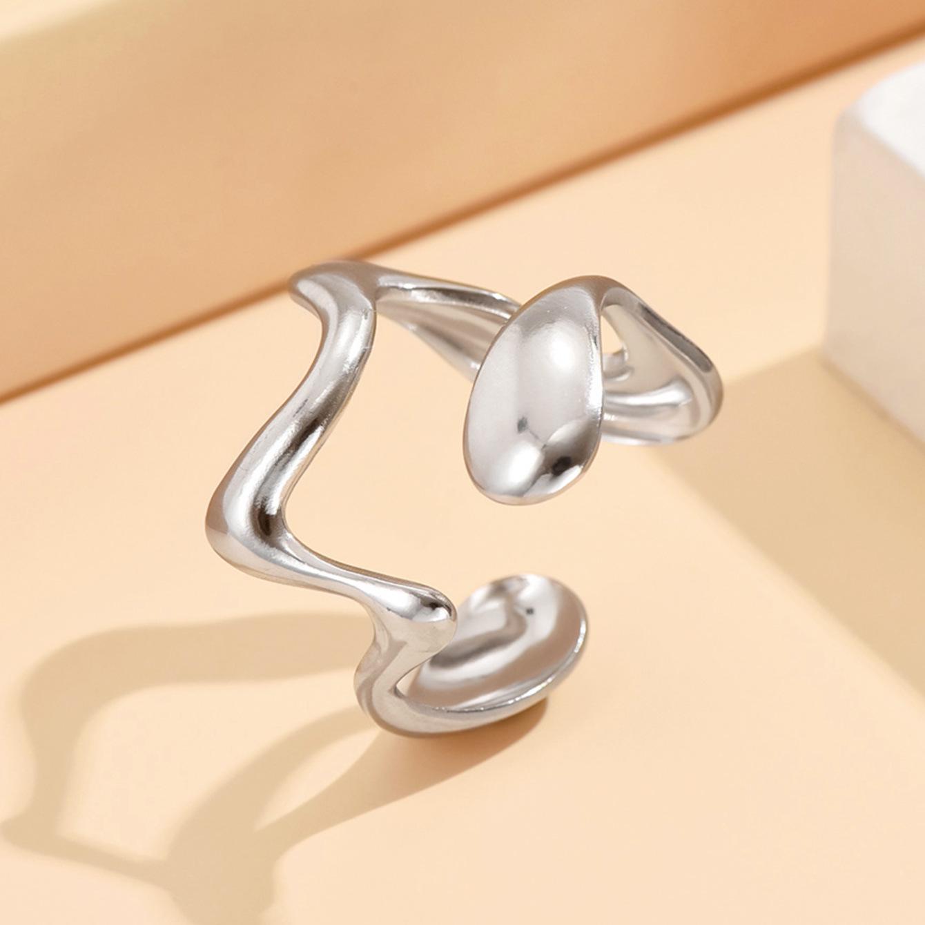Geometric Irregular Open Design Adjustable Stainless Steel Ring in Artistic Cold Style