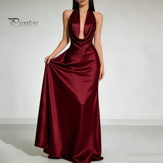 Beach Dress Women Sexy Backless Maxi Dress, Deep V Neck Sleeveless Lightweight Summer Halter Satin Long Formal Evening Party Mermaid Gown Elegant