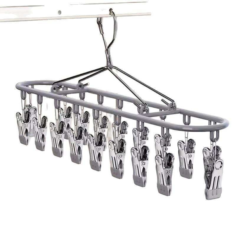 Multi-Functional Stainless Steel 18-Clip Sock Drying Rack with Windproof Hook for Balcony Use