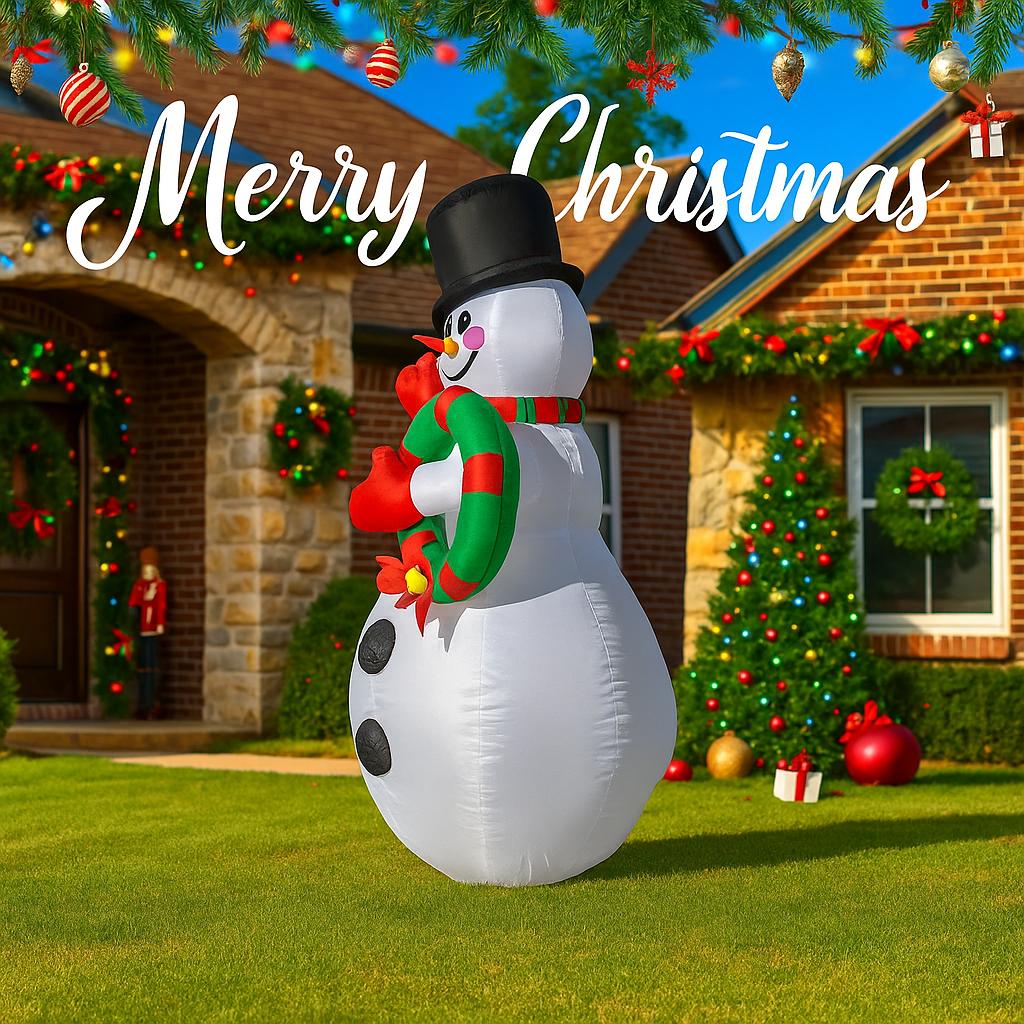 5.9FT Giant Inflatable Toy Snowman Wreath Xmas Yard Lawn Party Decoration with LED Lights Christmas Home Supplies Ornament Gift