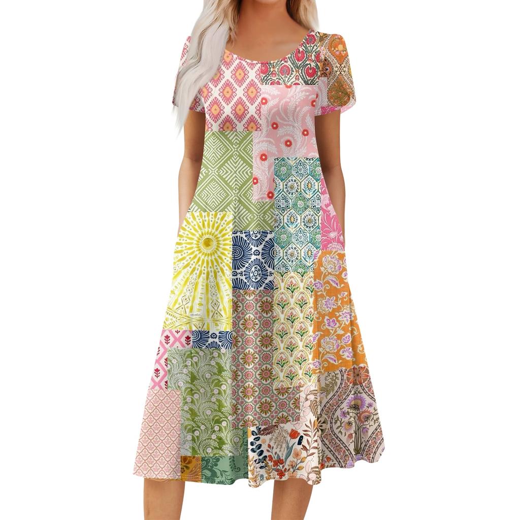 Women’s Casual Round Neck Printed Short Sleeve Dress with Pockets Relaxed Fit Lightweight Midi Length Suitable for Daily Wear