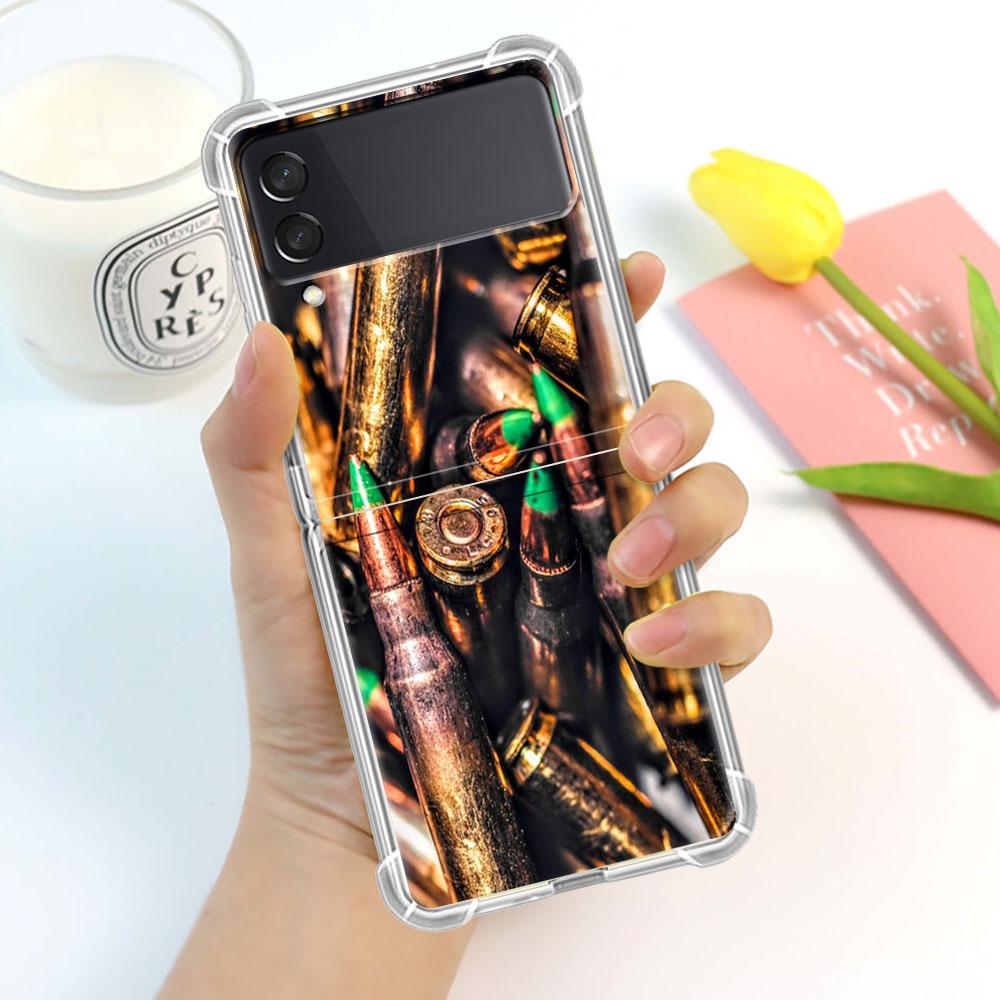 Luxury Case For Samsung Galaxy Z Flip 3 4 5G Funda Z Flip3 Clear PC Hard Shockproof Back Phone Shell AK47 Handgun Gun BUllets
