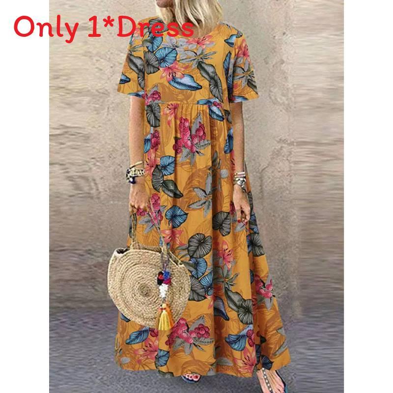 Vintage Floral Print Long Dress With Round Neck And Short Sleeves For Casual Summer Wear