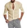 Men Stand Collar Full Button Long Sleeve Linen Shirt Rollable Cuffs Loose Fit Casual Daily Beach Vacation Top