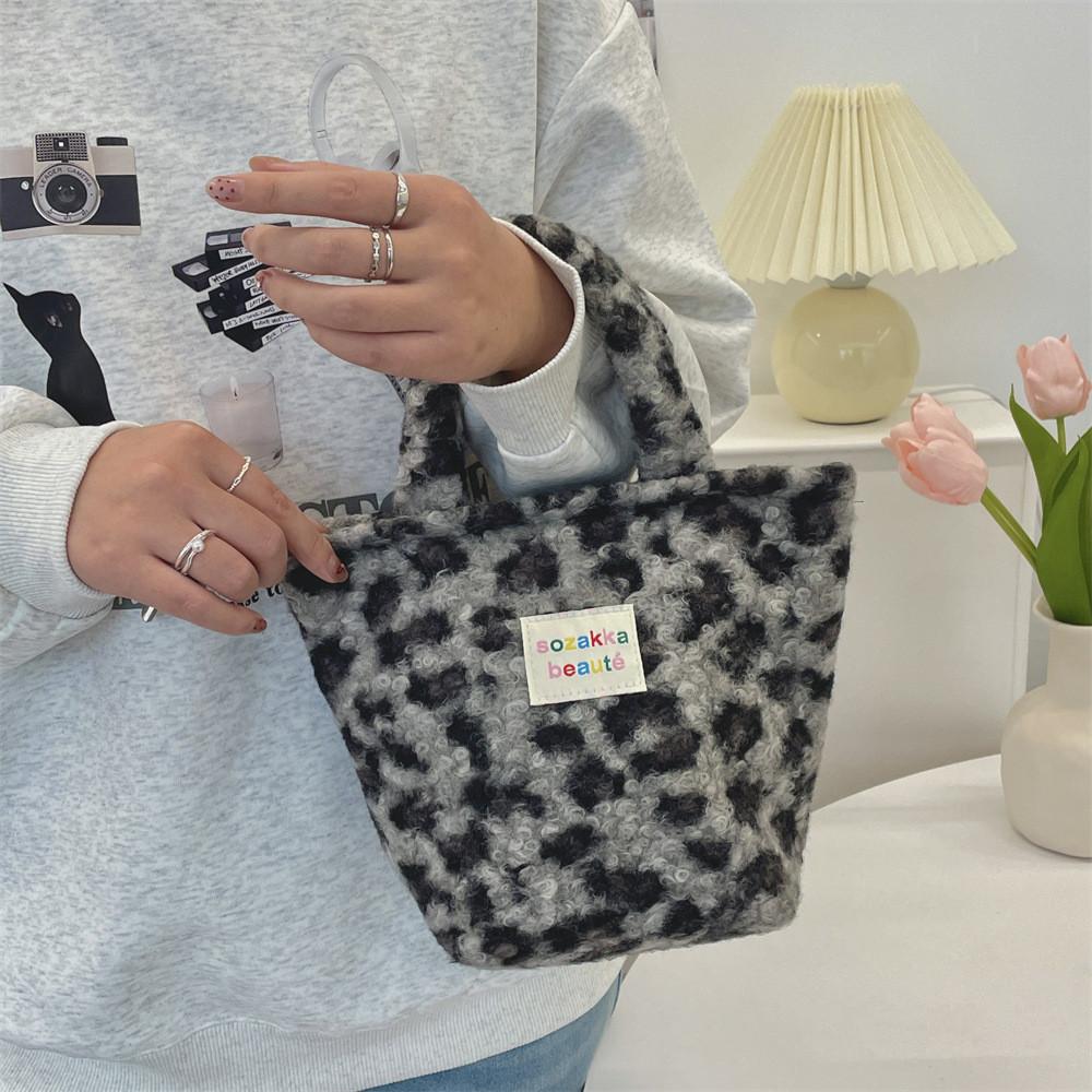 Cozy And Trendy Plush Leopard Print Tote Bag With Double Handles For Women