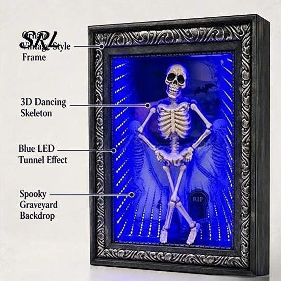 Dark Style Home Decor LED Dancing Skeleton Frame Decor, Glowing Spooky Night Light for Decorative Picture Holder Desk Shelf, Halloween Party
