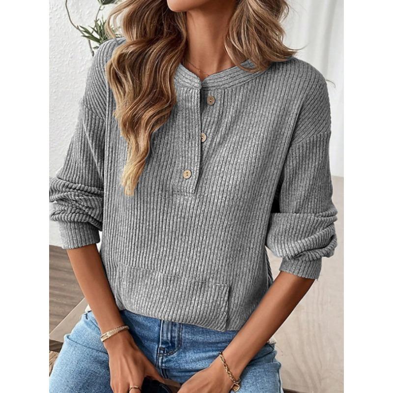 2025 Autumn and Winter New Solid Color Fashion Button Loose Long Sleeve T-Shirt Tops for Women