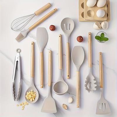11-Piece Silicone Kitchen Utensil Set - Ergonomic, Non-Stick Safe Tools with Wooden Handles, Easy To Clean and Heat-Resistant