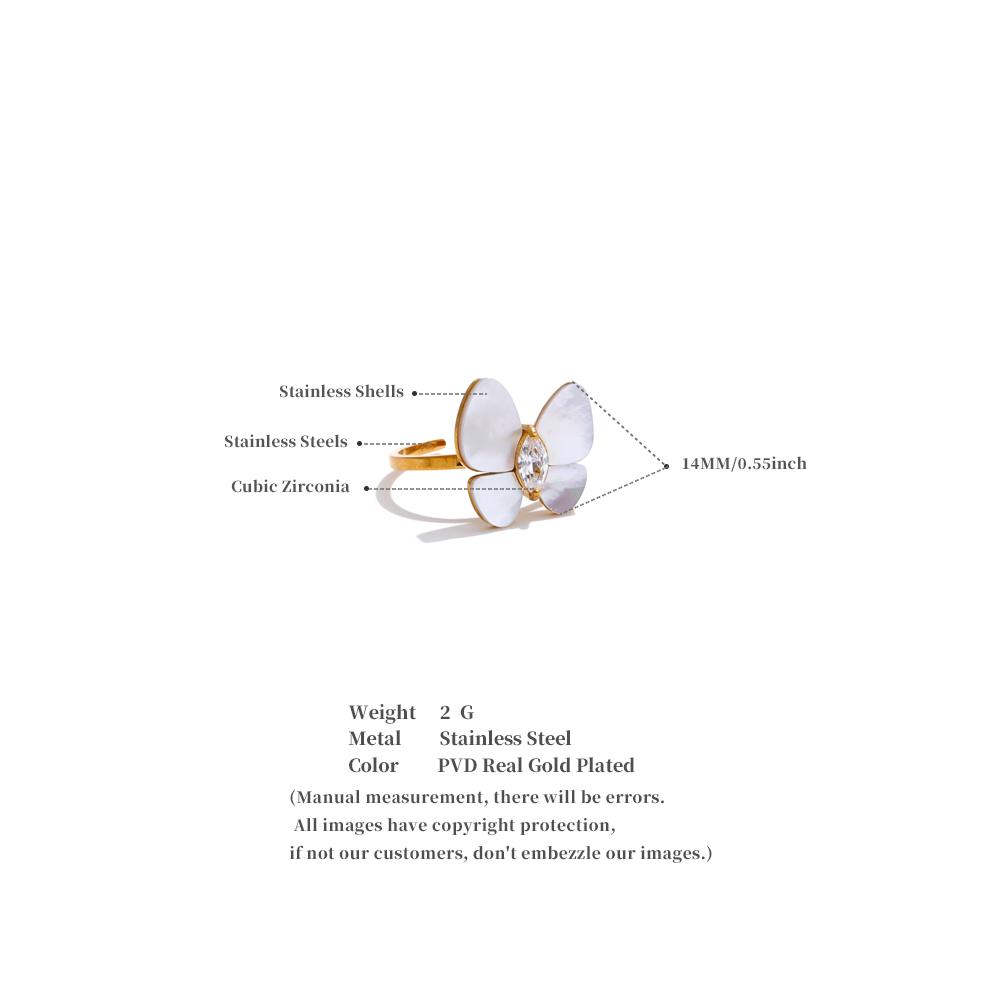 Eetit  316L Stainless Steel Zircon Natural Shell Butterfly Adjustable Ring High Quality Exquisite Popular Jewelry Gift PVD Plated