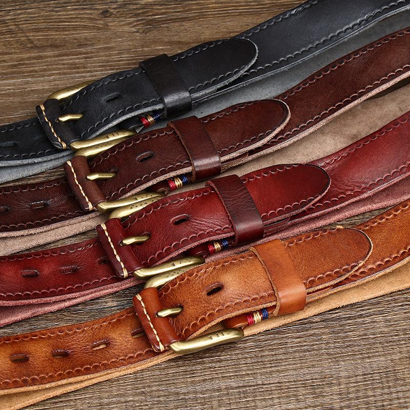 Retro Fashion Versatile Leather Belt Men'S Pure Cowhide Copper Buckle Old Pleated Denim Belt