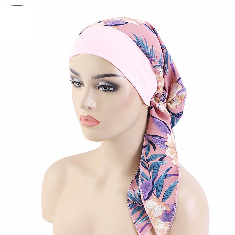 Women Pre-Tied Turban Cap Headscarf Muslim Hijab Cancer Chemo Flower Print Hat Cover Hair Loss Head Scarf Wrap Strech Bandana