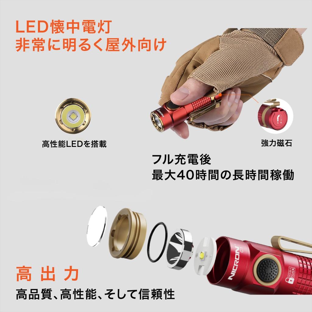 NICRON LED Handy Pocket Light with Magnetic 5 Brightness C1R Clip, Compact, Rechargeable, Type-C, Waterproof, Levels, EDC, Outdoor, Maintenance,