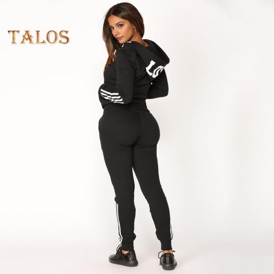 2 Pcs/Set Women Hoodie Pants Suit Hooded Long Sleeves Solid Color Zip-up Coat Elastic High Waist Ankle-banded Trousers Sport Fall Winter Tracksuit