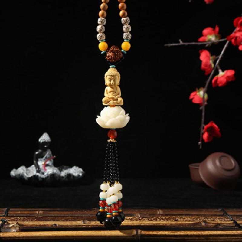 Style Car Hanging Ornament With White Lotus And Deity Symbols In Yellow Boxwood For Gift