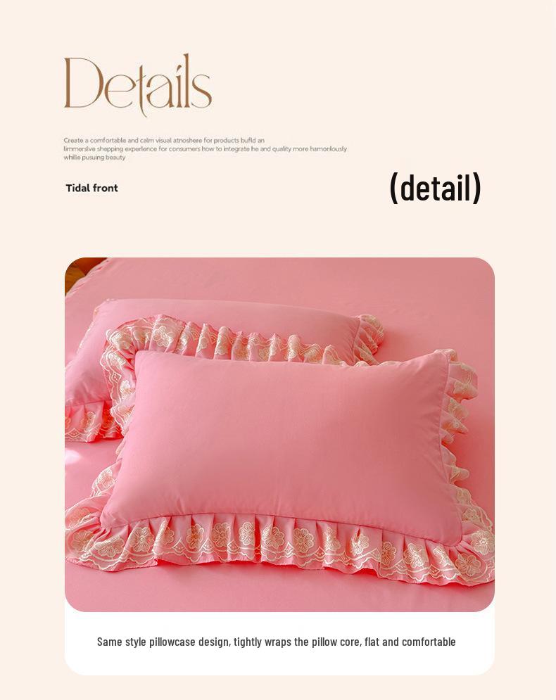 Princess Lace Ruffle Bed Skirt Set (3-4 Piece) - Pure Color Duvet Cover and Sheet.