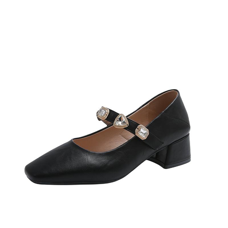 New fashion temperament small square head love rhinestone buckle with shallow mouth Mary Jane single shoes women