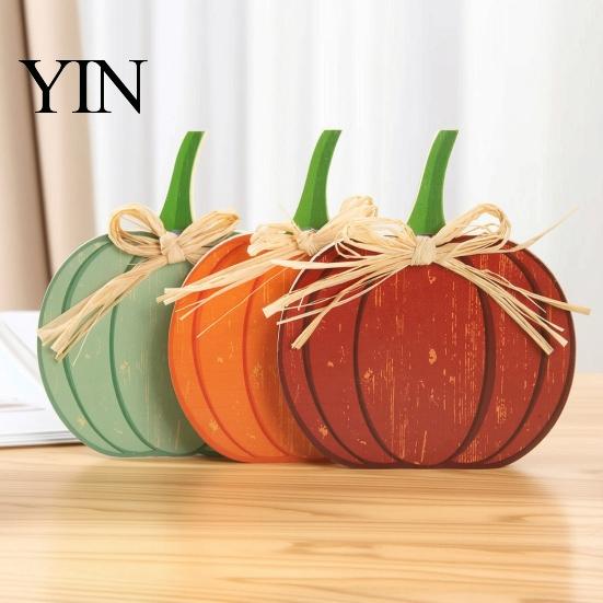 Rustic Home Aesthetic Pieces 3Pcs Autumn Pumpkin Ornaments, Wooden with Hemp Rope Bow Multi Color Fall Ornaments Table Decor for Farmhouse Seasonal