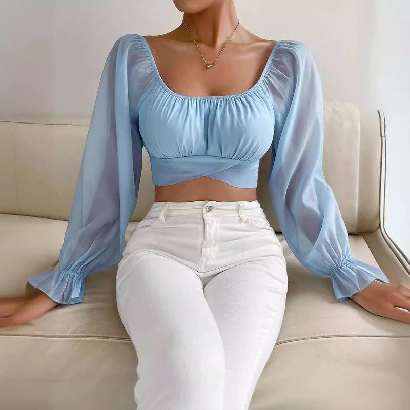 

Elegant Women s Clothing Temperament Square Collar Long Sleeves Chiffon Perspective Sexy Open Back Cross Strap Short Bottoming Top Default