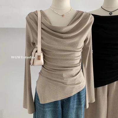 Design Niche Irregular Swing Collar Long-sleeved T-shirt Women's New Autumn Bottoming Shirt Slim One-shoulder Top for Women
