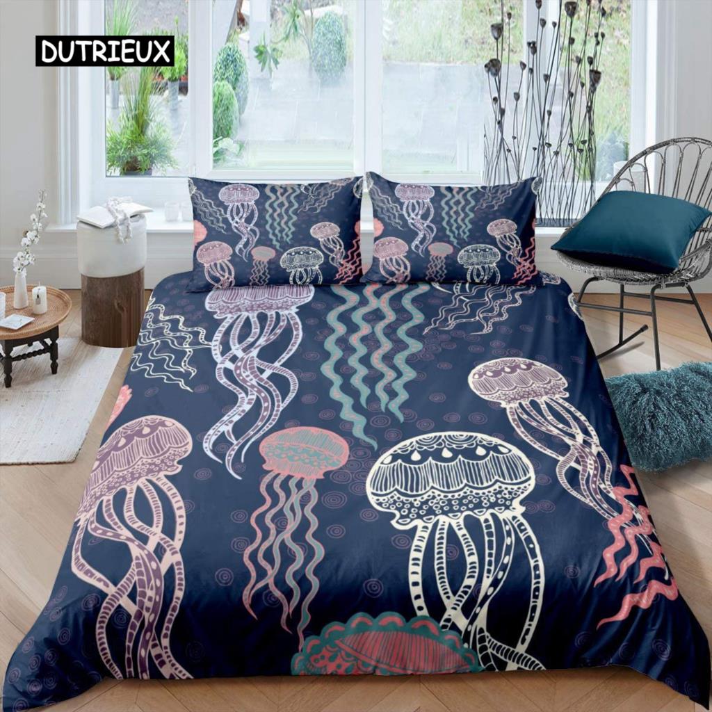 

Jellyfish Duvet Cover Ocean Nautical Comforter Cover Hawaii Beach Bedding Set Microfiber Sea Animal Coral Queen King Quilt Cover EU single(135x200cm)
