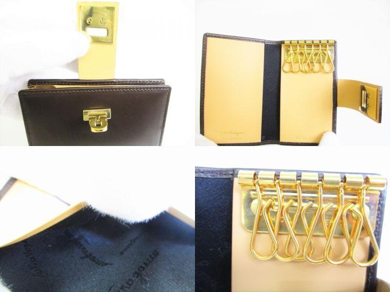 Authentic Salvatore Ferragamo Gancini Brown Leather Gold H/W 6Pics Key Case #8395 Refurbished