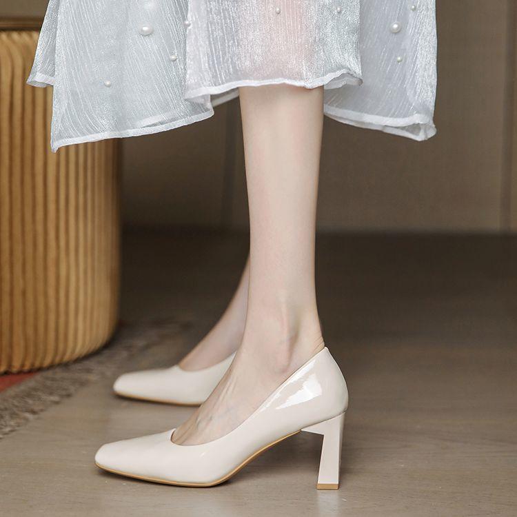 Square Head Thick Heel Patent Leather Nude High Heels Women's Spring and Autumn New Daily Versatile Middle Heel Fashion Shoes
