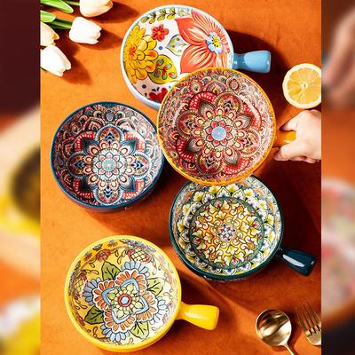 Bohemian Ceramic Handle Bowl Household Tableware Fruit Bowl Salad Bowl Instant Noodle Bowl Rice Bowl Soup Bowl Baking Bowl G9M8G